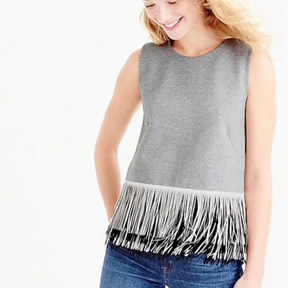 Jcrew Sleeveless Fringe Top Structured Knit Tiered Hem Gray Tank Size XS